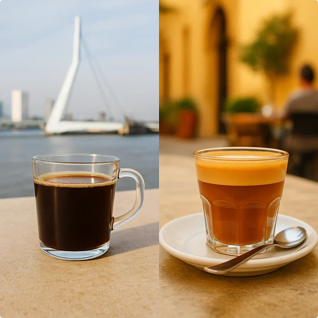 Vergelijking van koffieculturen: Nederlandse filterkoffie met uitzicht op de Erasmusbrug in Rotterdam en Spaanse cortado op een zonovergoten terras in Valencia – eerlijke koffiebeleving met ESCA.